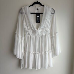 White Boho Ruffle Mini Dress NWT XS – Bell Sleeve Tiered Flowy